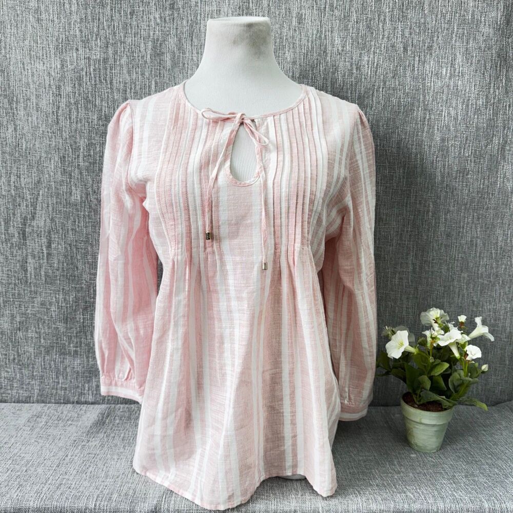 Tommy Hilfiger Top Medium M Pink Striped Pintuck Tie Keyhole Peasant Blouse L/S